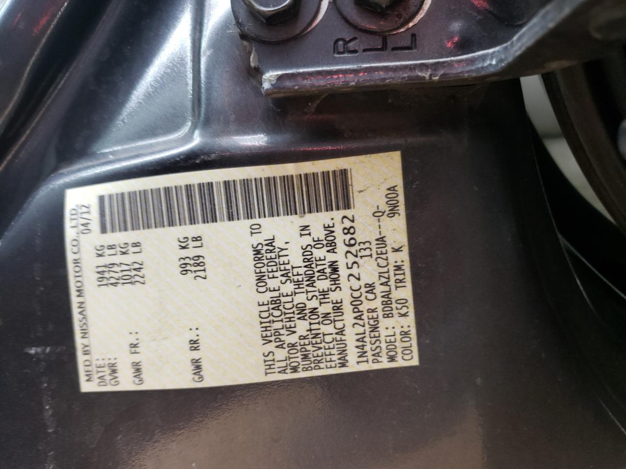 صورة رقم 10 من المزاد - 2012 NISSAN ALTIMA BAS مع VIN 1N4AL2AP0CC252682