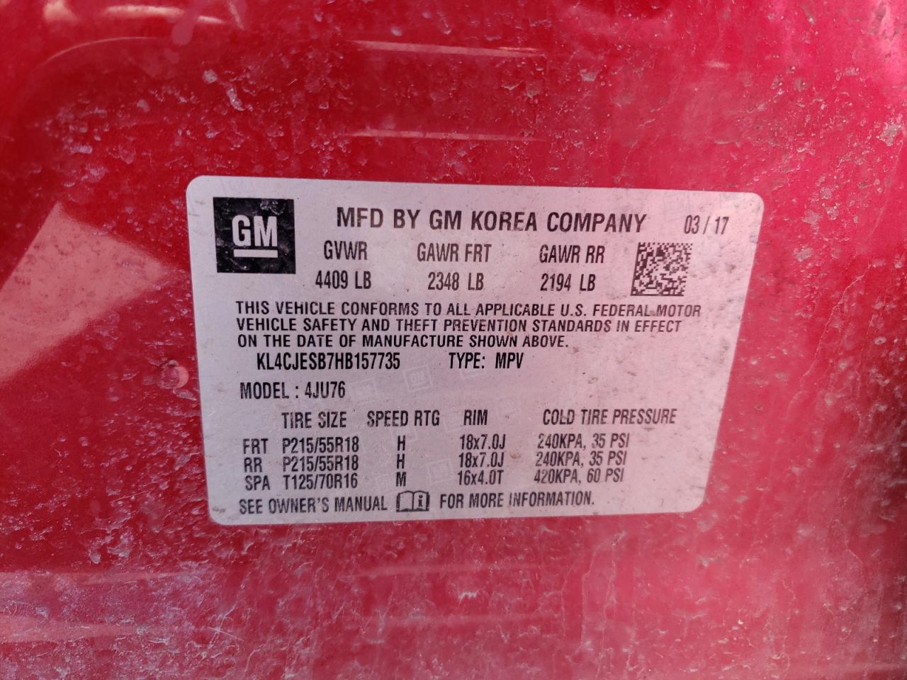 Photo 10 from auction – 2017 BUICK ENCORE PRE with VIN KL4CJESB7HB157735