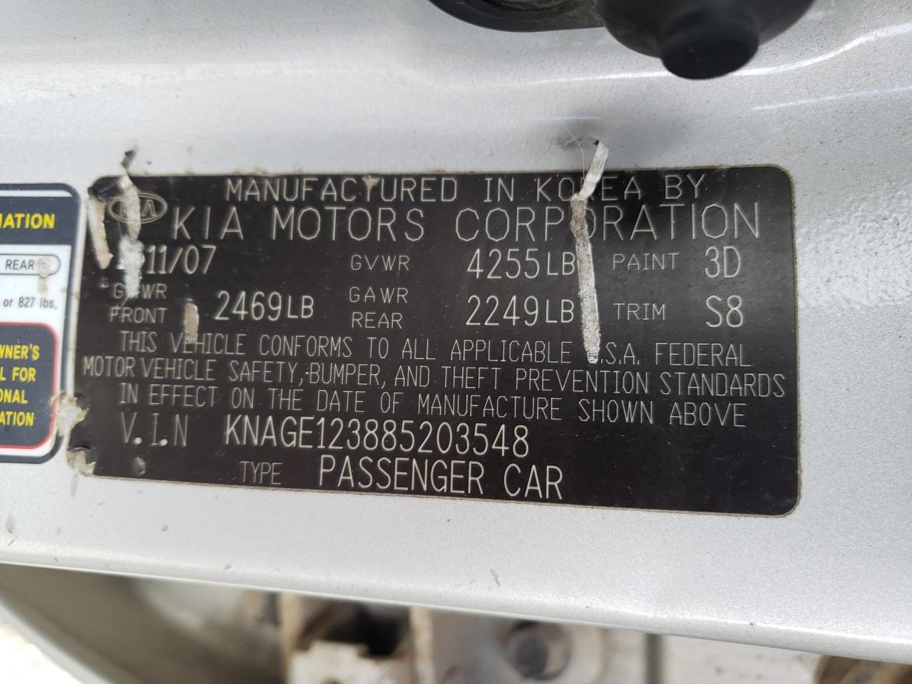 Photo 10 from auction – 2008 KIA OPTIMA LX with VIN KNAGE123885203548