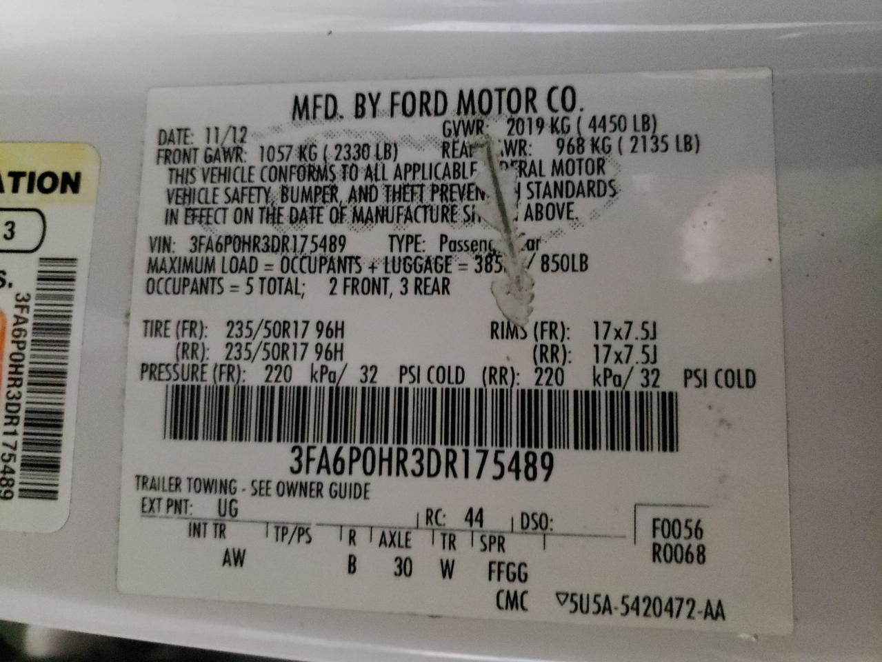 Photo 10 from auction – 2013 FORD FUSION SE with VIN 3FA6P0HR3DR175489