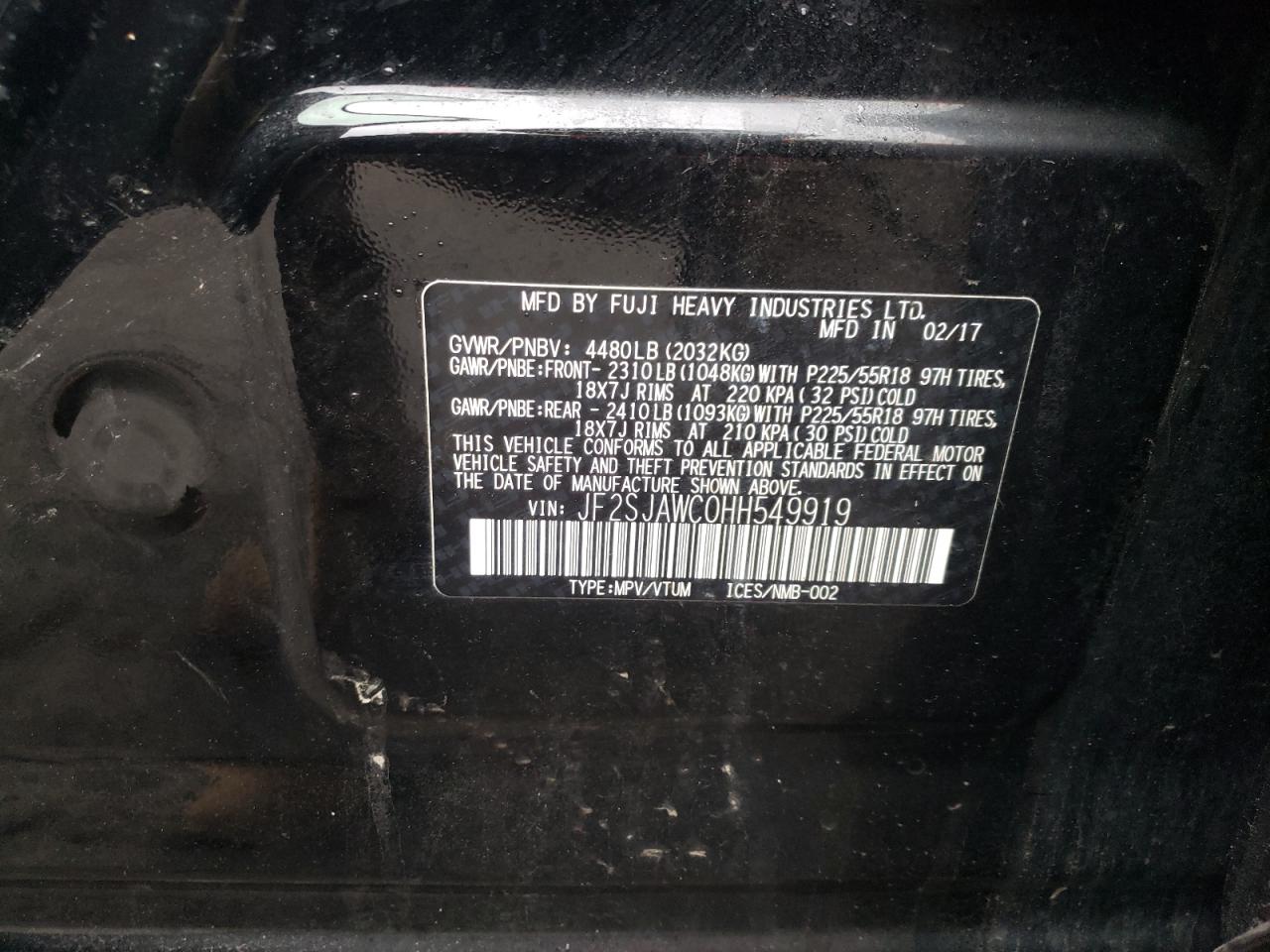 Photo 10 from auction – 2017 SUBARU FORESTER 2 with VIN JF2SJAWC0HH549919