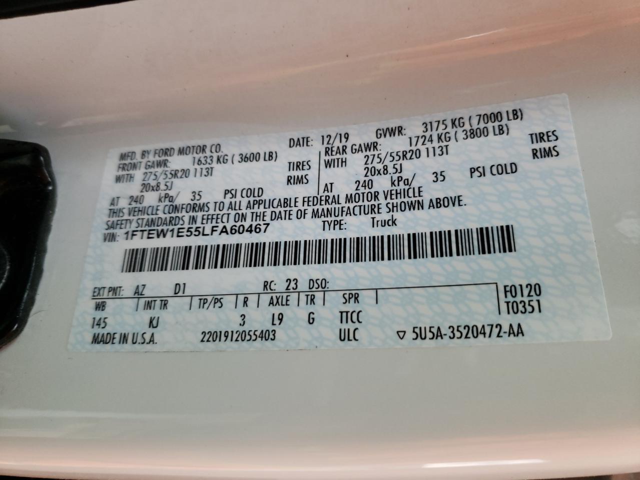 Photo 10 from auction – 2020 FORD F150 SUPER with VIN 1FTEW1E55LFA60467