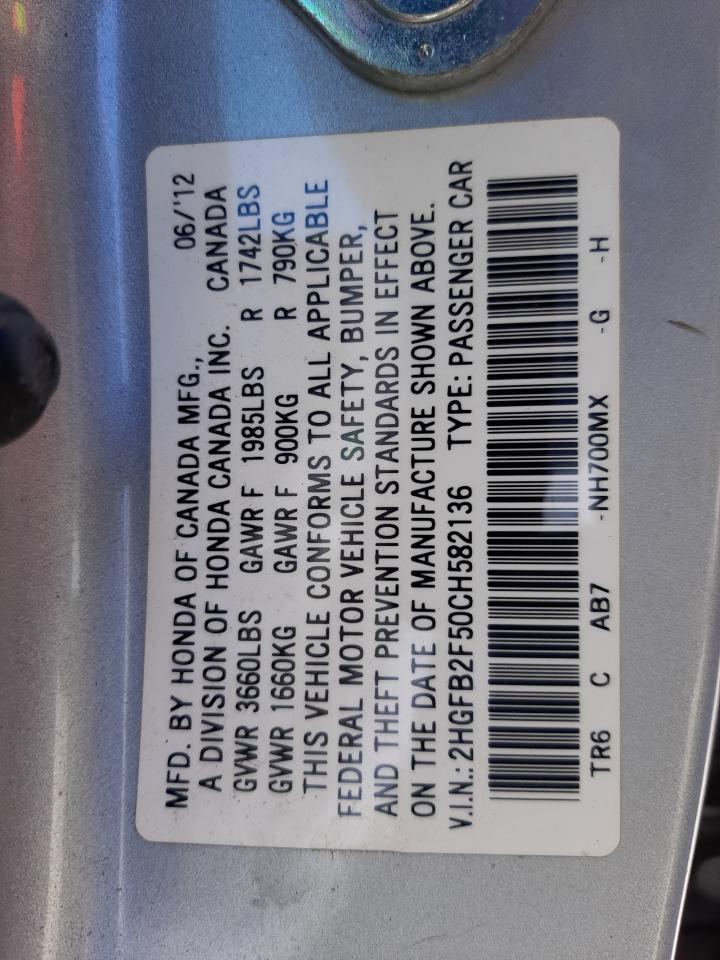 Photo 10 from auction – 2012 HONDA CIVIC LX with VIN 2HGFB2F50CH582136