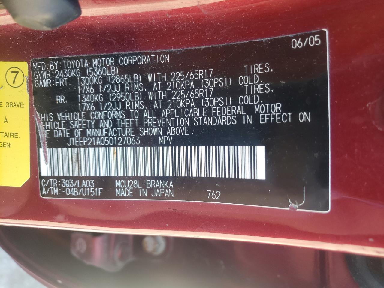 Photo 10 from auction – 2005 TOYOTA HIGHLANDER with VIN JTEEP21A050127063