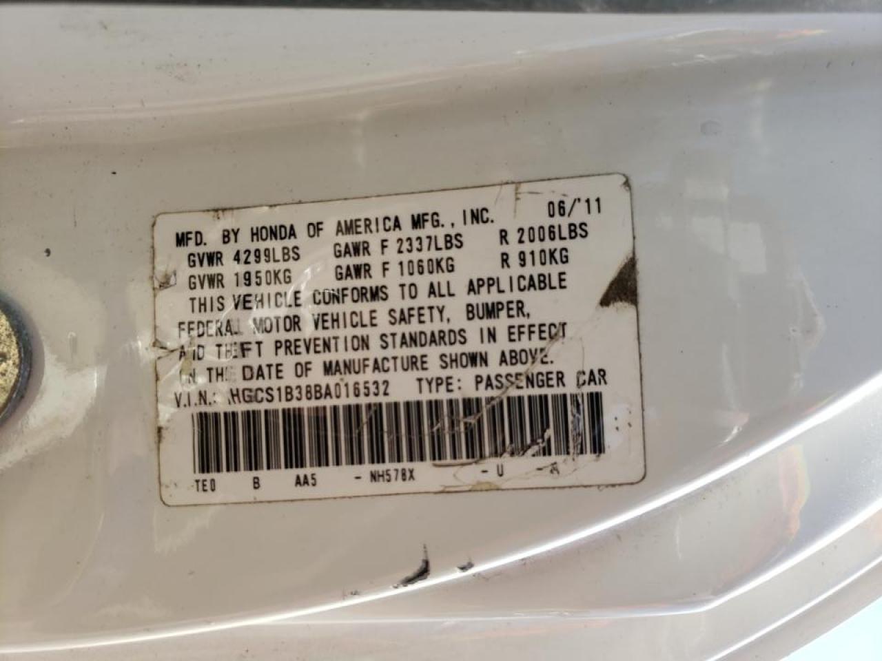 Photo 10 from auction – 2011 HONDA ACCORD LX- with VIN 1HGCS1B38BA016532