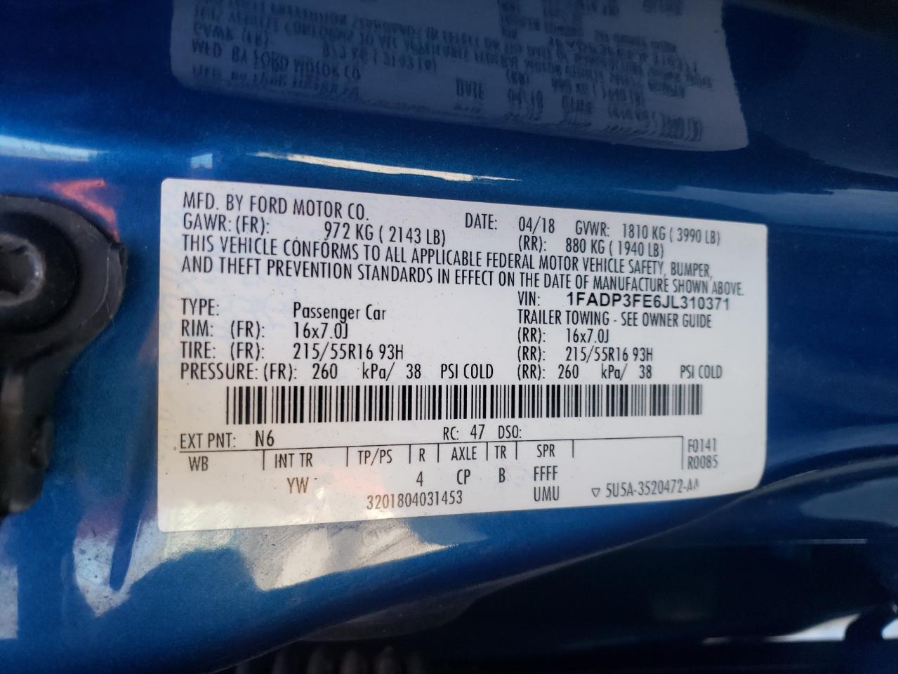 Photo 10 from auction – 2018 FORD FOCUS SE with VIN 1FADP3FE6JL310371