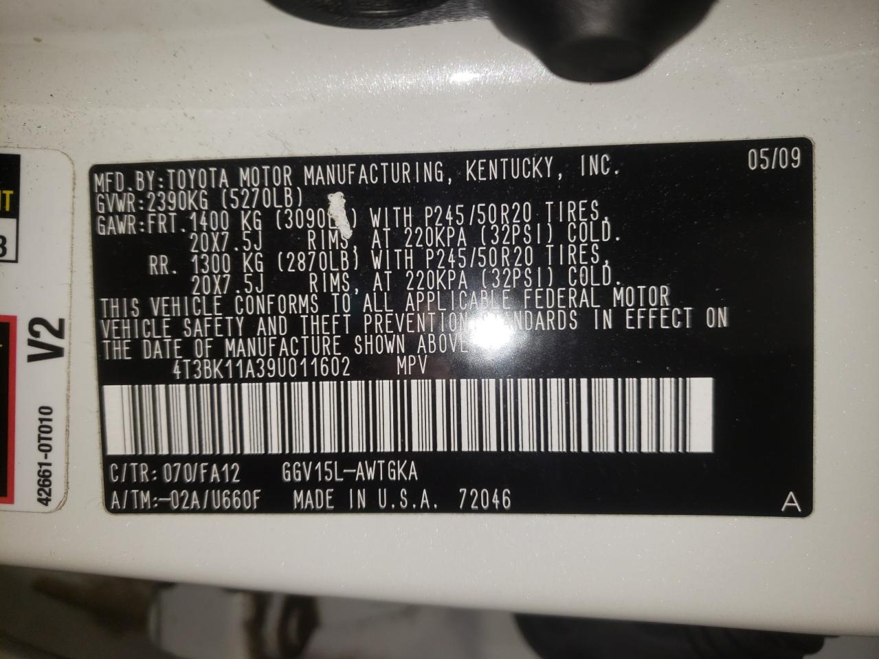Photo 10 from auction – 2009 TOYOTA VENZA with VIN 4T3BK11A39U011602