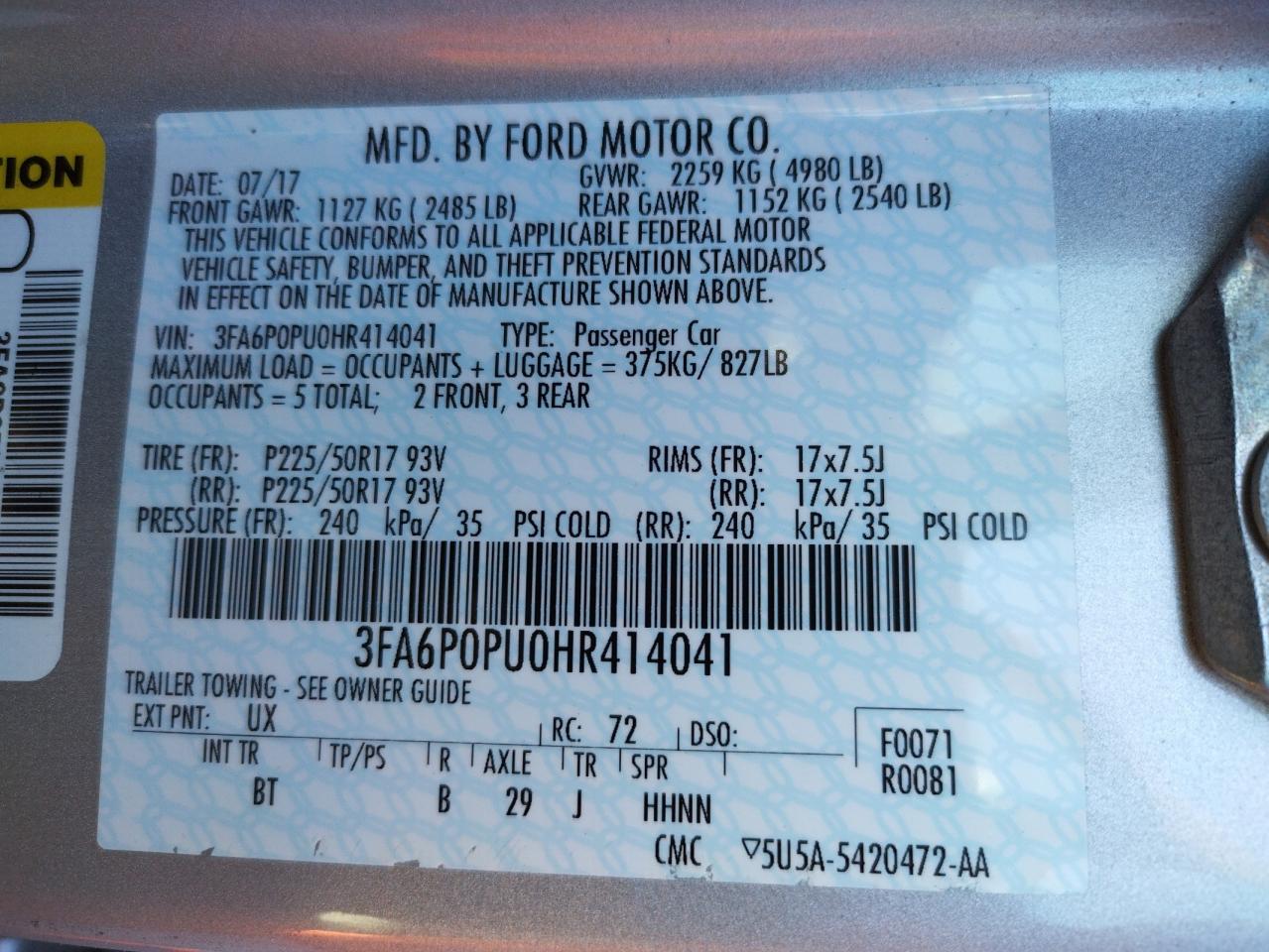 Photo 10 from auction – 2017 FORD FUSION SE with VIN 3FA6P0PU0HR414041