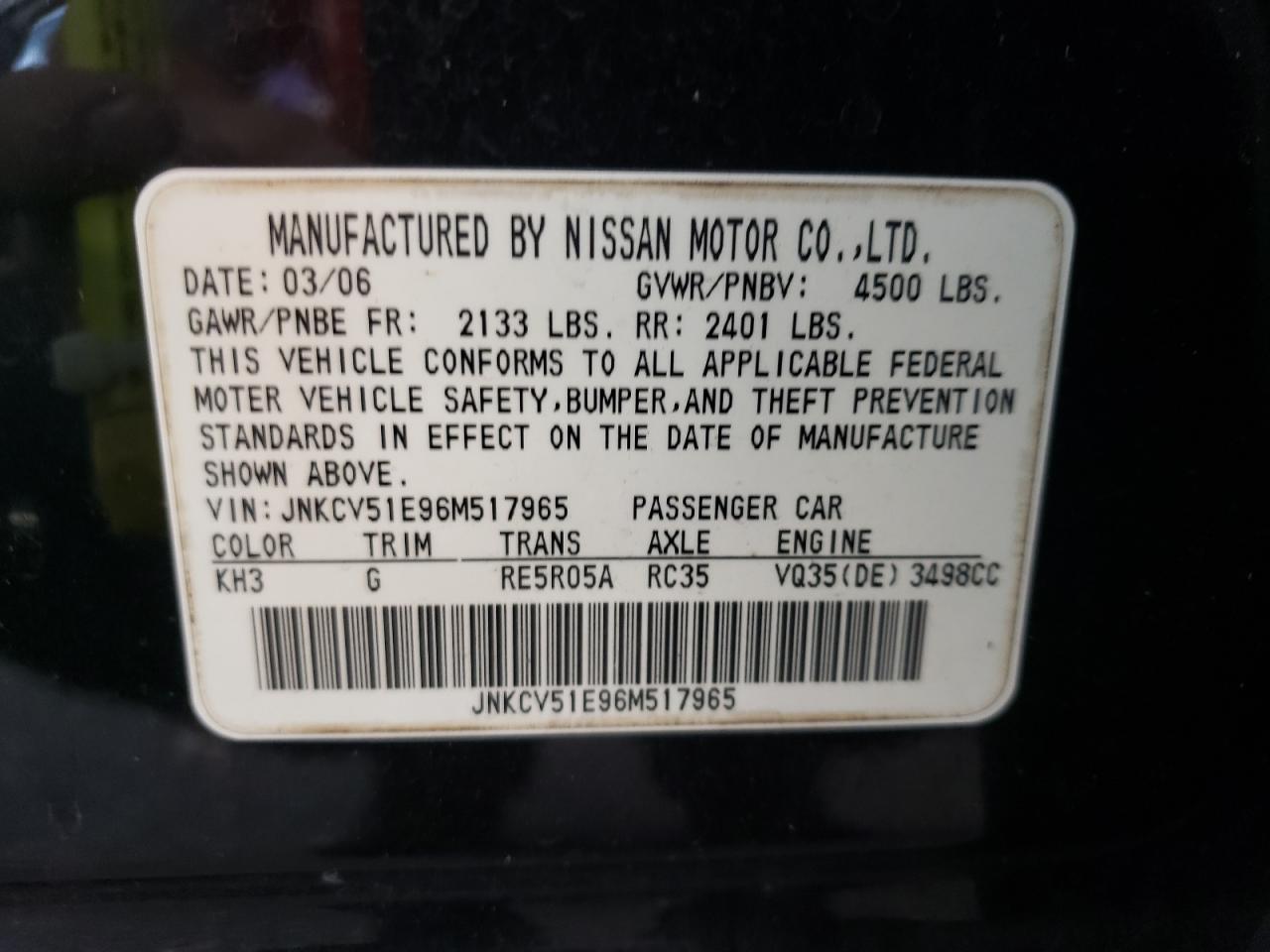 Photo 10 from auction – 2006 INFINITI G35 with VIN JNKCV51E96M517965