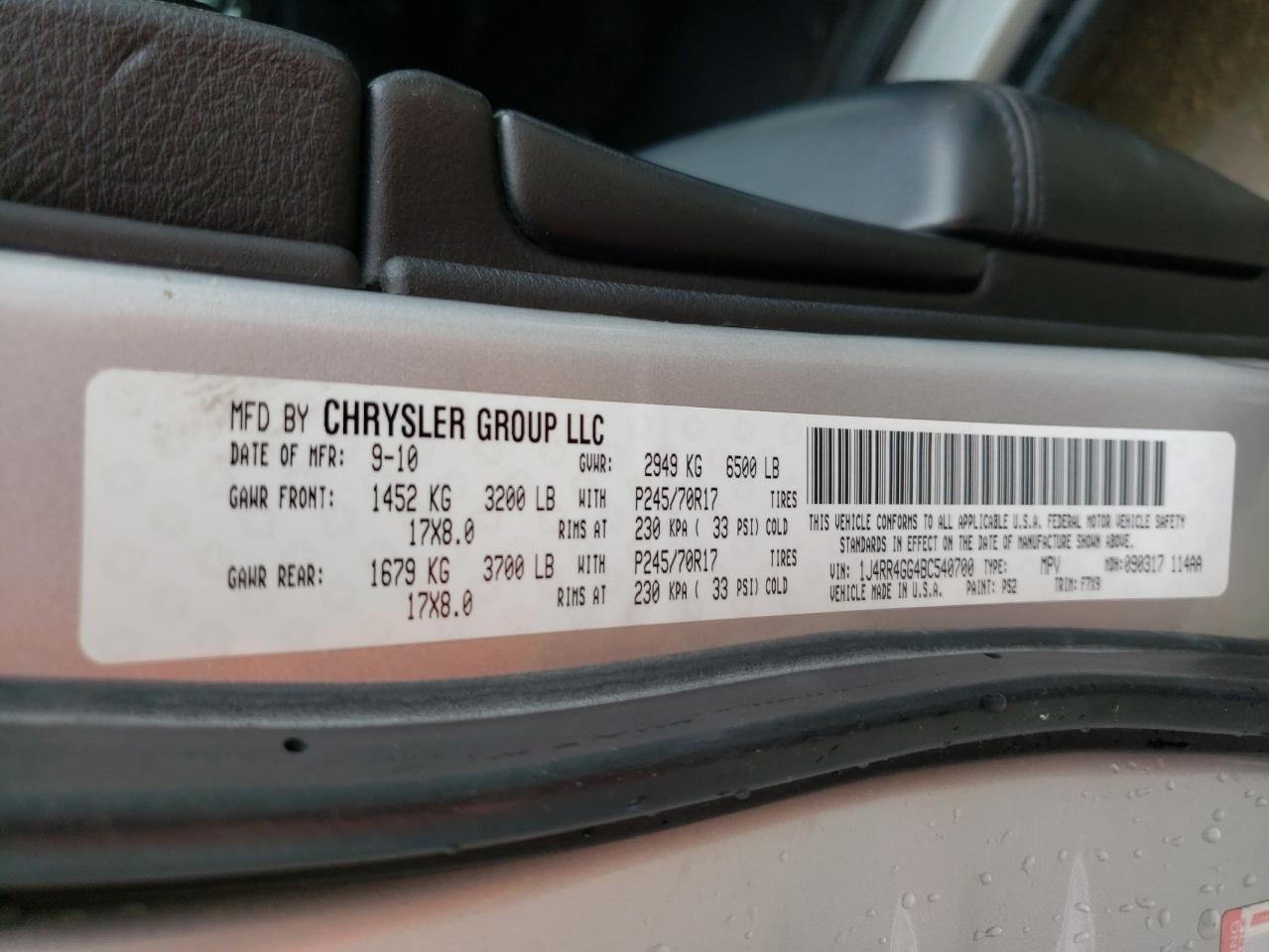Photo 10 from auction – 2011 JEEP GRAND CHER with VIN 1J4RR4GG4BC540700