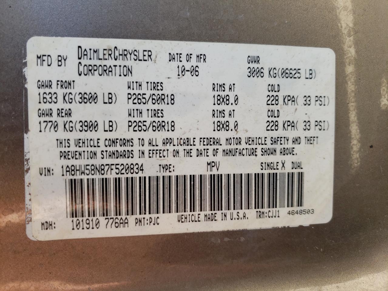 Photo 10 from auction – 2007 CHRYSLER ASPEN LIMI with VIN 1A8HW58N87F520834