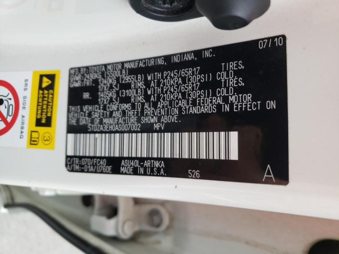 Foto 10 de la subasta – 2010 TOYOTA HIGHLANDER con VIN 5TDZA3EH0AS007002