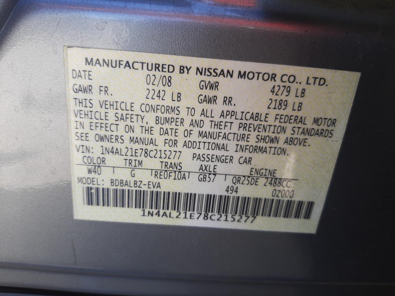 Photo 10 from auction – 2008 NISSAN ALTIMA 2.5 with VIN 1N4AL21E78C215277