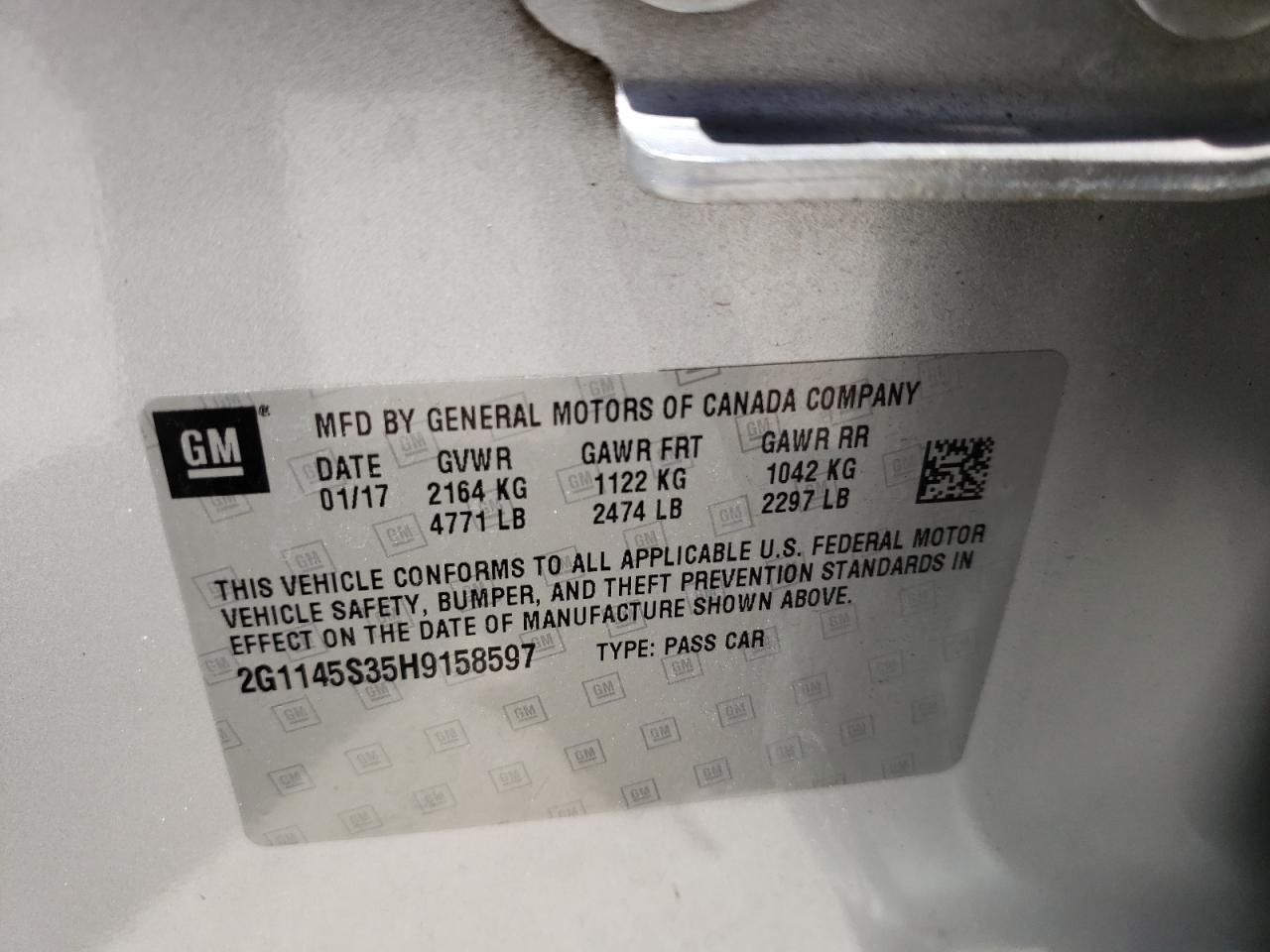 Photo 10 from auction – 2017 CHEVROLET IMPALA PRE with VIN 2G1145S35H9158597