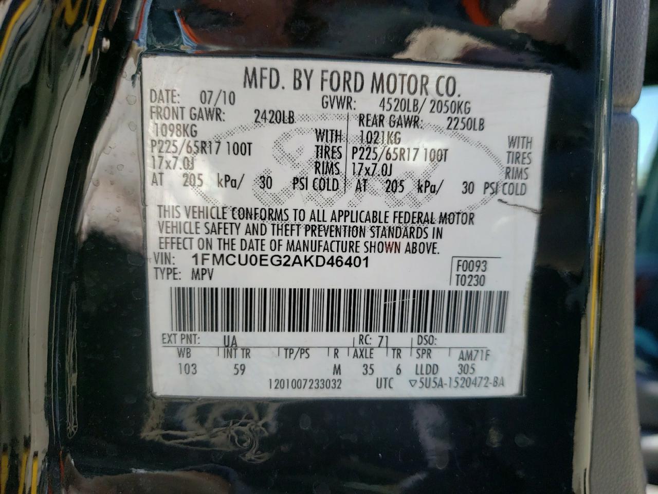 Photo 10 from auction – 2010 FORD ESCAPE LIM with VIN 1FMCU0EG2AKD46401