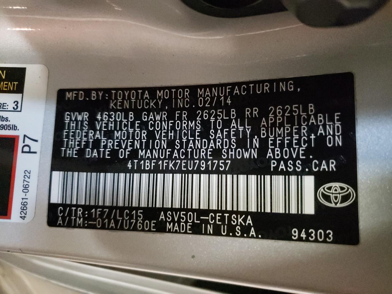 Photo 10 from auction – 2014 TOYOTA CAMRY L with VIN 4T1BF1FK7EU791757
