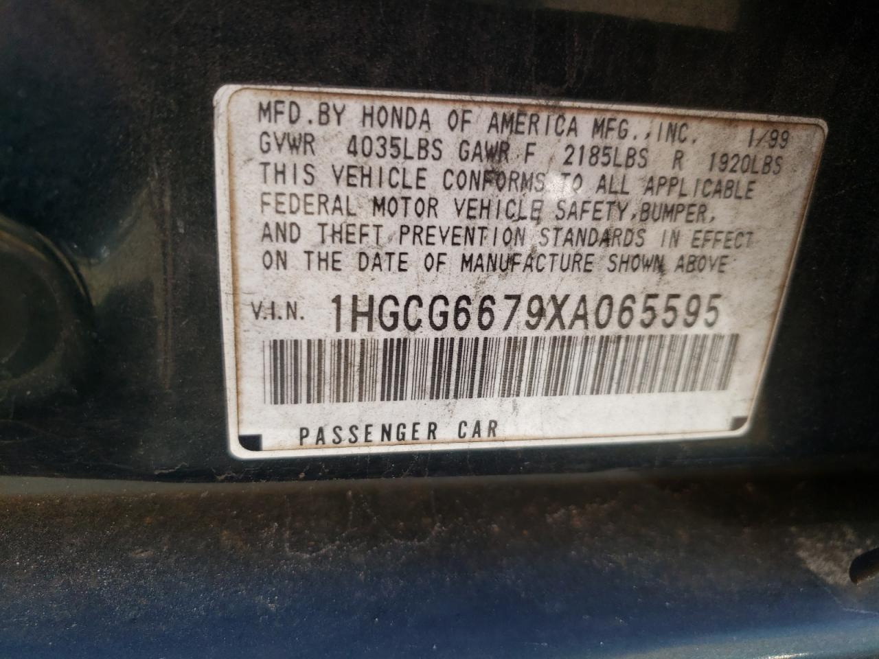 Photo 10 from auction – 1999 HONDA ACCORD EX with VIN 1HGCG6679XA065595