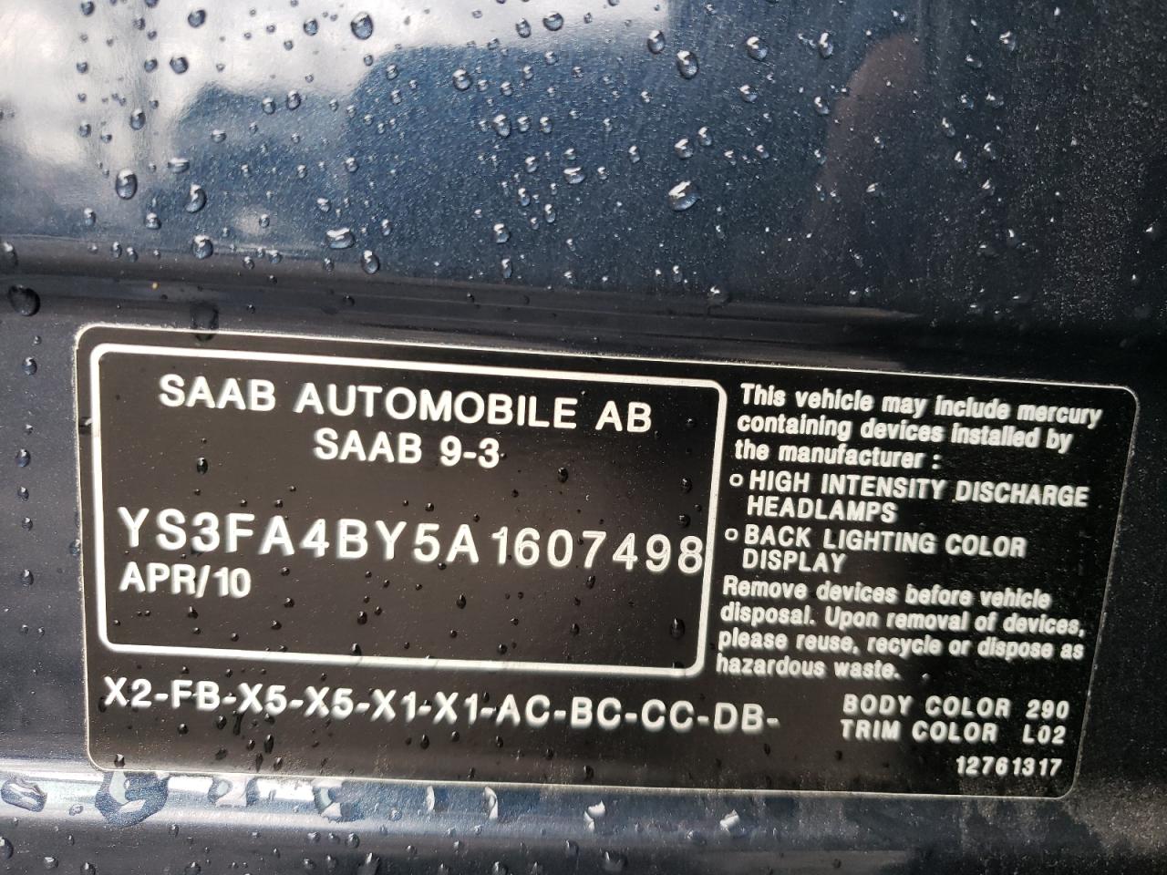 Photo 10 from auction – 2010 SAAB 9-3 2.0T with VIN YS3FA4BY5A1607498