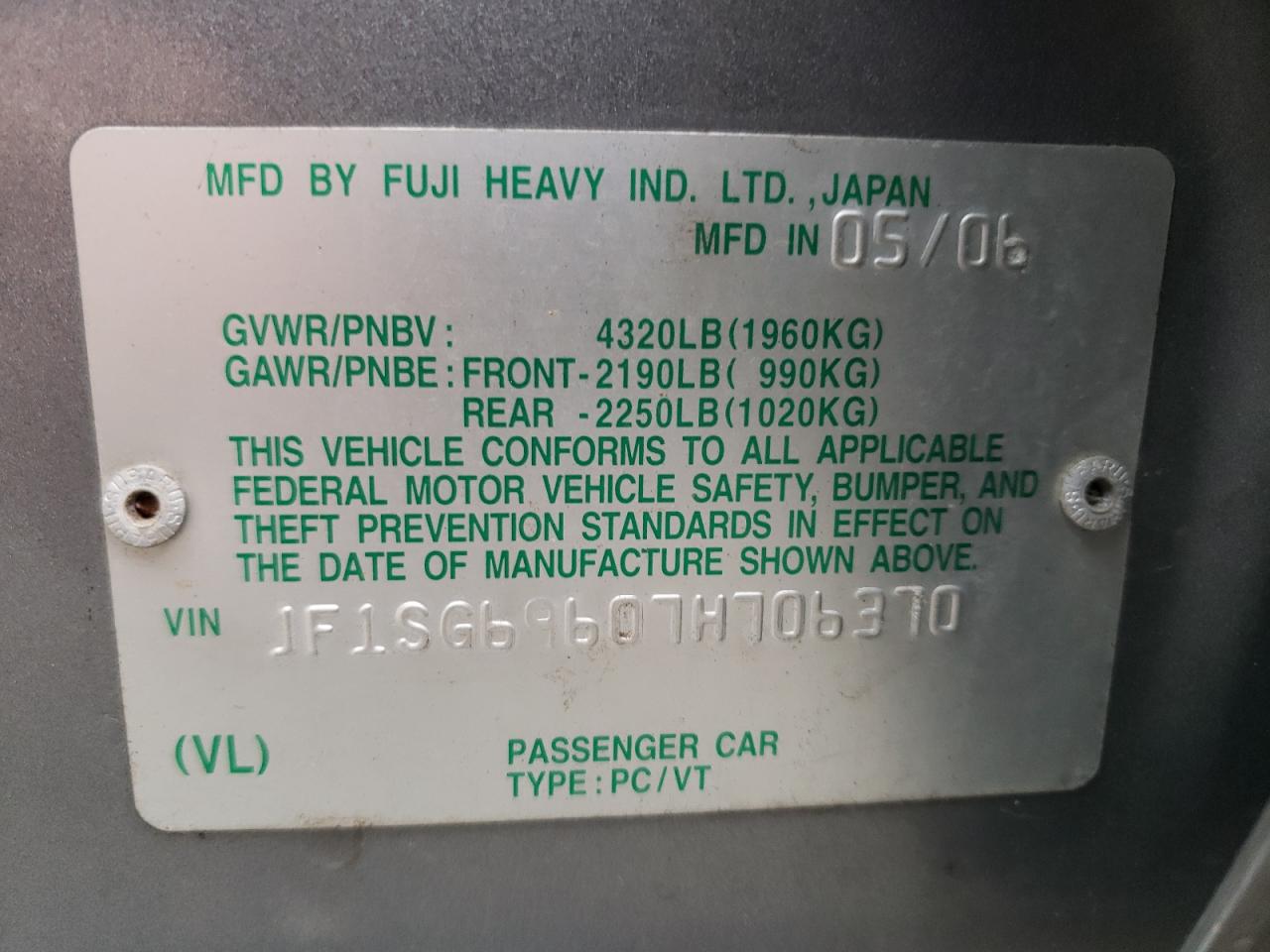 Photo 10 from auction – 2007 SUBARU FORESTER 2 with VIN JF1SG69607H706370