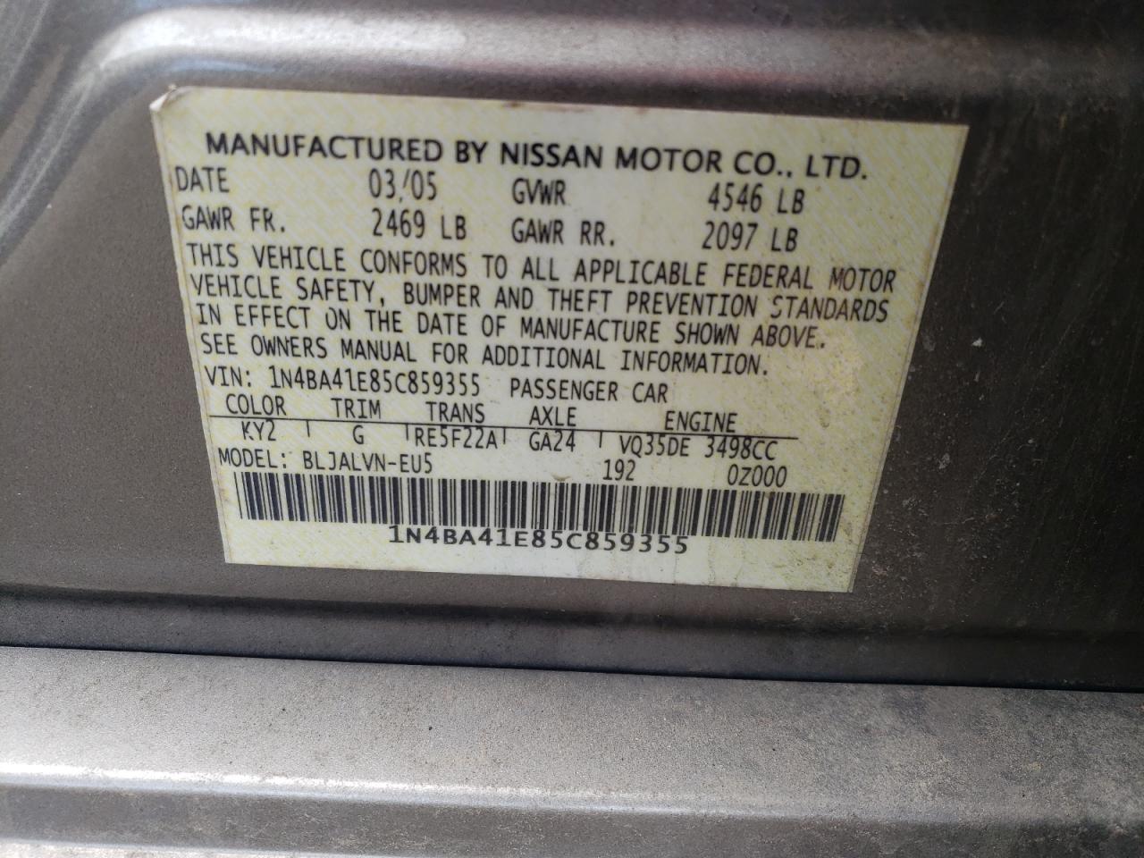 Foto 10 de la subasta – 2005 NISSAN MAXIMA SE con VIN 1N4BA41E85C859355