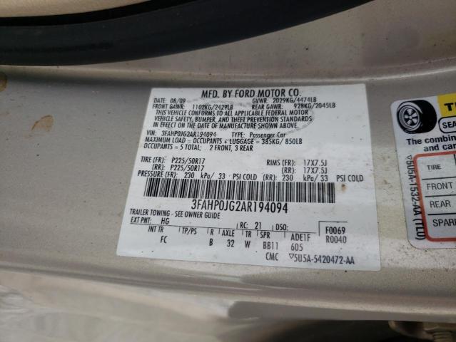 Photo 10 from auction – 2010 FORD FUSION SEL with VIN 3FAHP0JG2AR194094