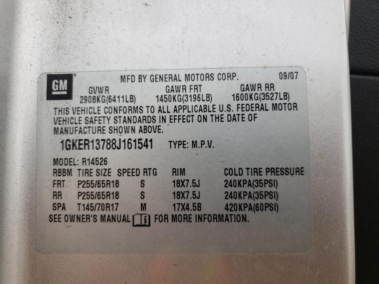 Photo 10 from auction – 2008 GMC ACADIA SLE with VIN 1GKER13788J161541
