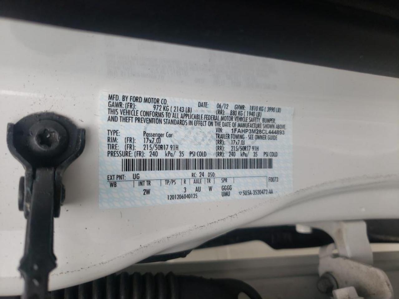 Photo 10 from auction – 2012 FORD FOCUS SEL with VIN 1FAHP3M28CL444893