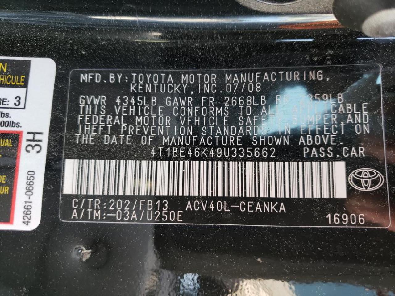 Photo 10 from auction – 2009 TOYOTA CAMRY BASE with VIN 4T1BE46K49U335662