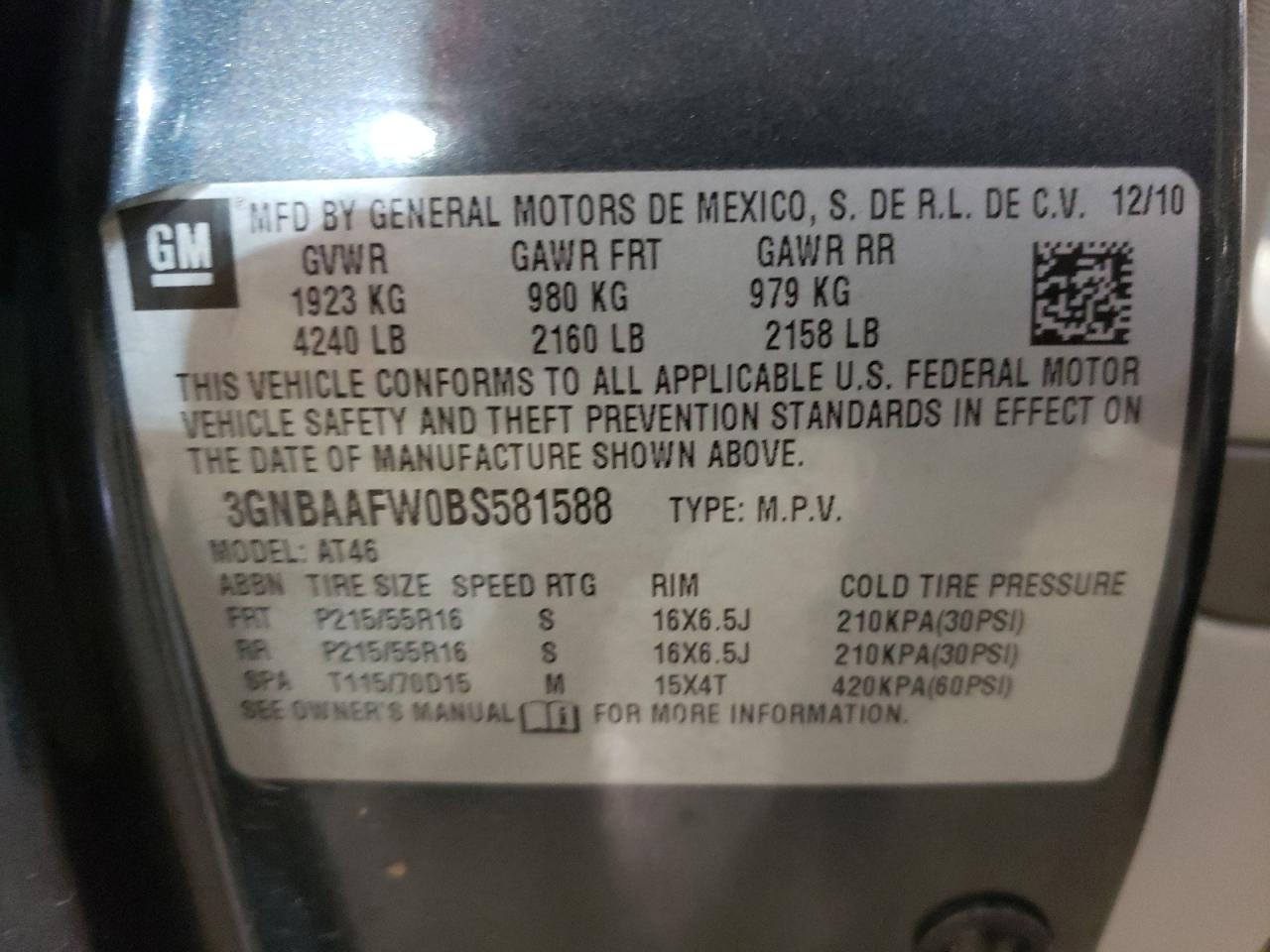 Photo 10 from auction – 2011 CHEVROLET HHR LS with VIN 3GNBAAFW0BS581588
