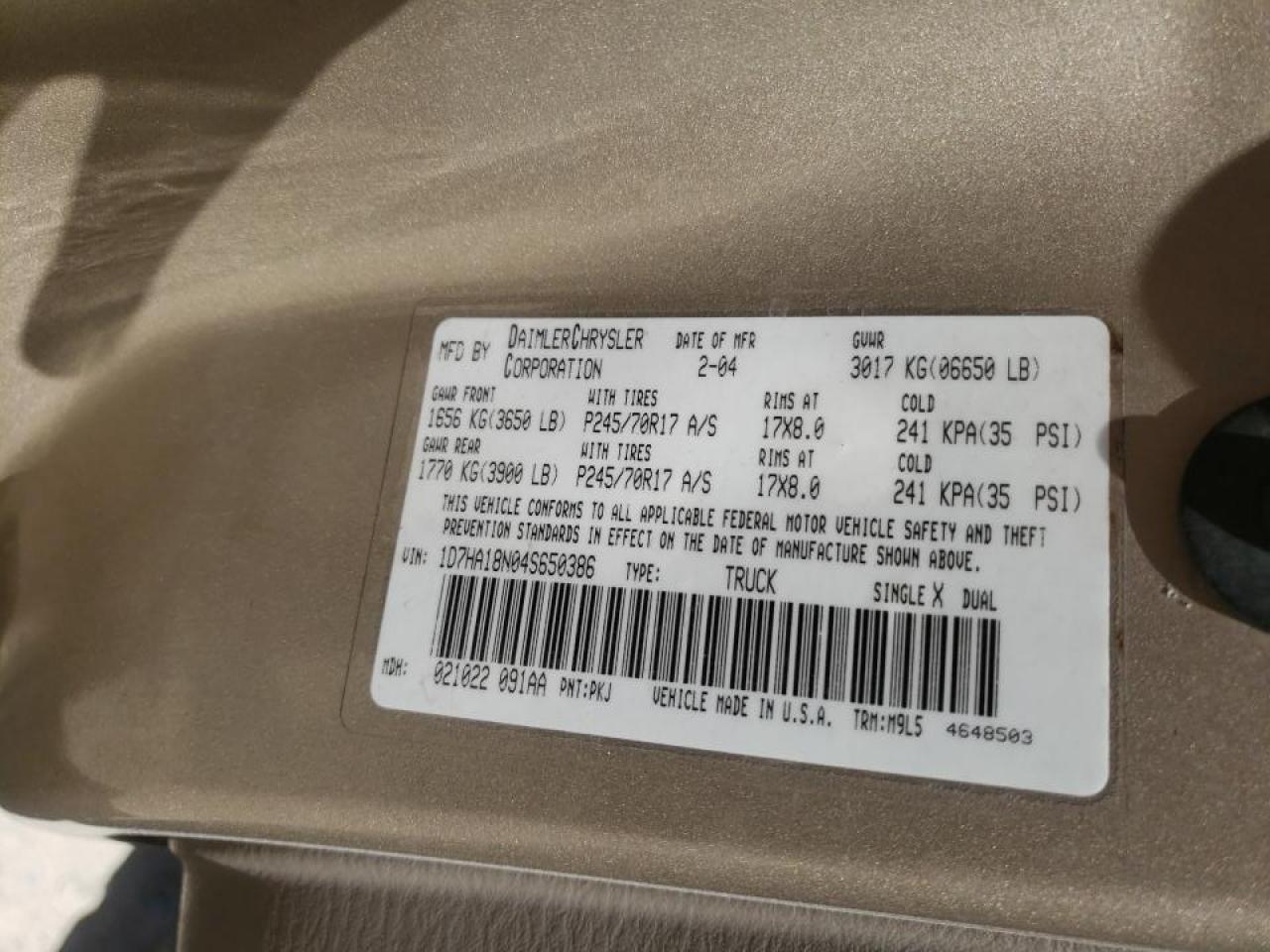 Photo 10 from auction – 2004 DODGE RAM 1500 S with VIN 1D7HA18N04S650386