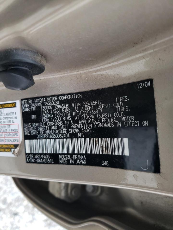 Photo 10 from auction – 2005 TOYOTA HIGHLANDER with VIN JTEDP21A350062401