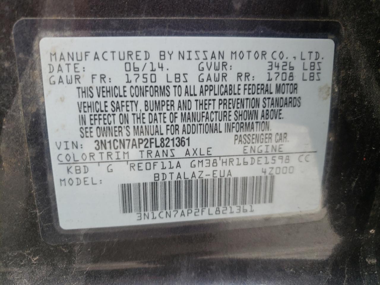 Photo 10 from auction – 2015 NISSAN VERSA S with VIN 3N1CN7AP2FL821361