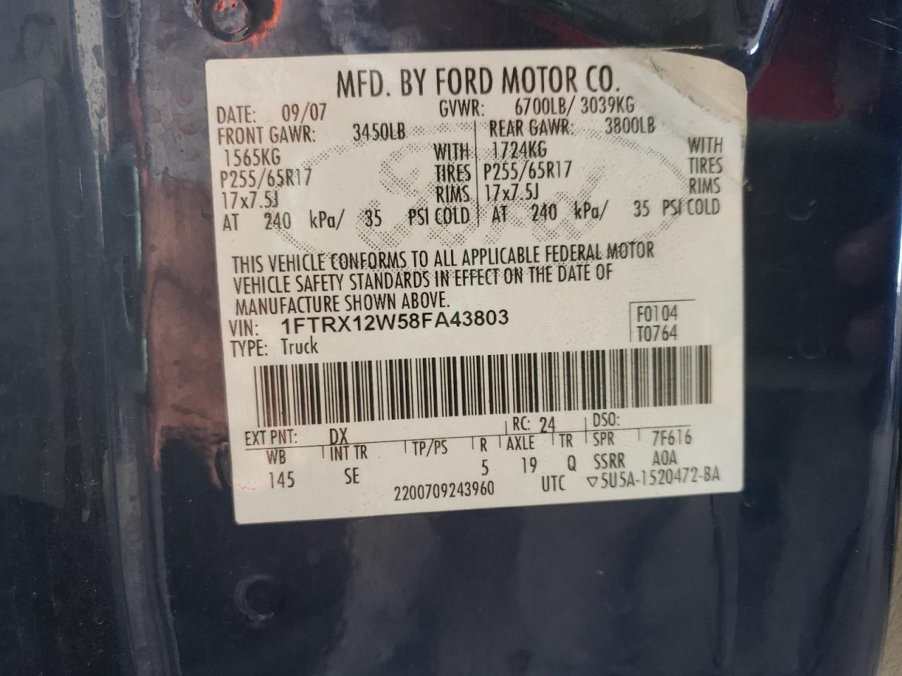 Foto 10 de la subasta – 2008 FORD F150 con VIN 1FTRX12W58FA43803