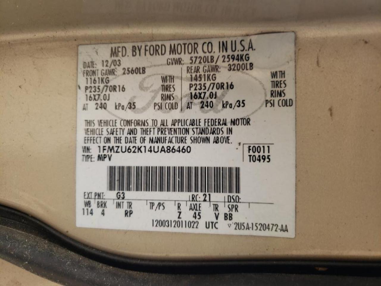Photo 10 from auction – 2004 FORD EXPLORER X with VIN 1FMZU62K14UA86460