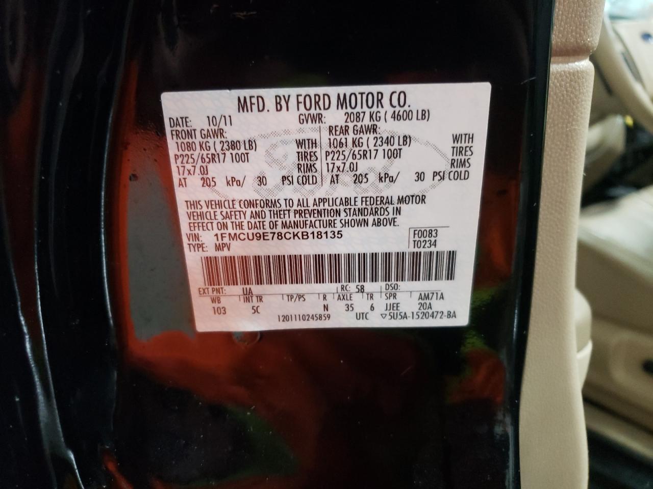 Photo 10 from auction – 2012 FORD ESCAPE LIM with VIN 1FMCU9E78CKB18135