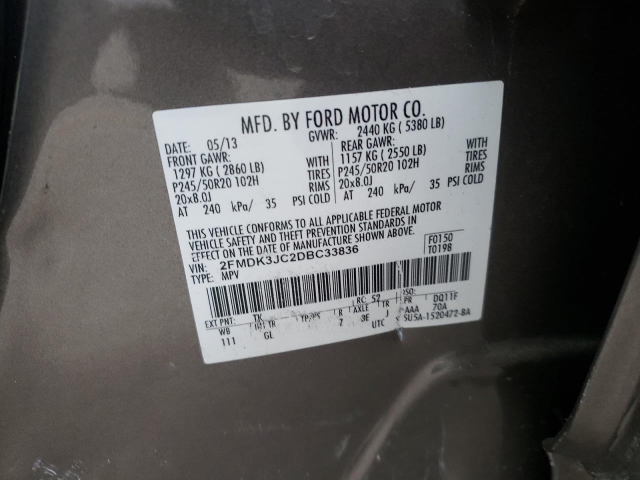 Photo 10 from auction – 2013 FORD EDGE SEL with VIN 2FMDK3JC2DBC33836