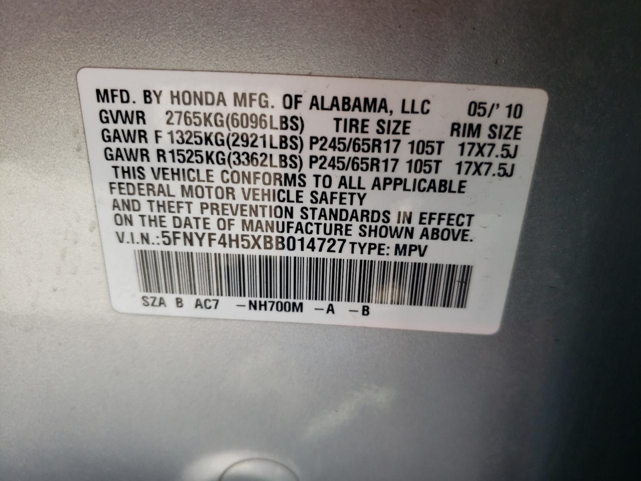 Photo 10 from auction – 2011 HONDA PILOT EXL with VIN 5FNYF4H5XBB014727