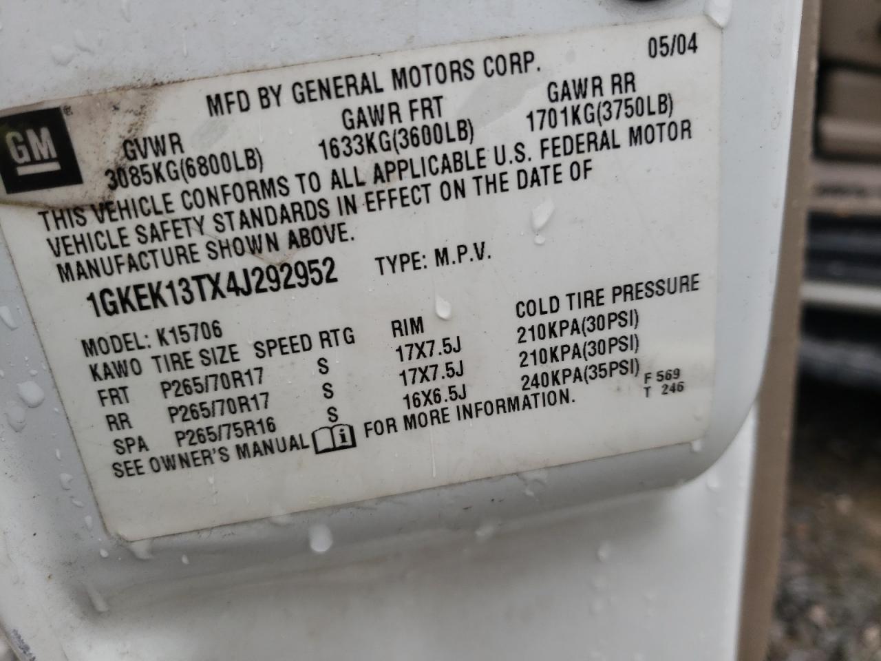 Photo 10 from auction – 2004 GMC YUKON with VIN 1GKEK13TX4J292952