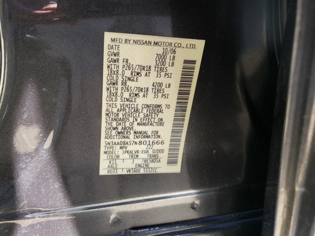 Photo 10 from auction – 2007 INFINITI QX56 with VIN 5N3AA08A57N801666