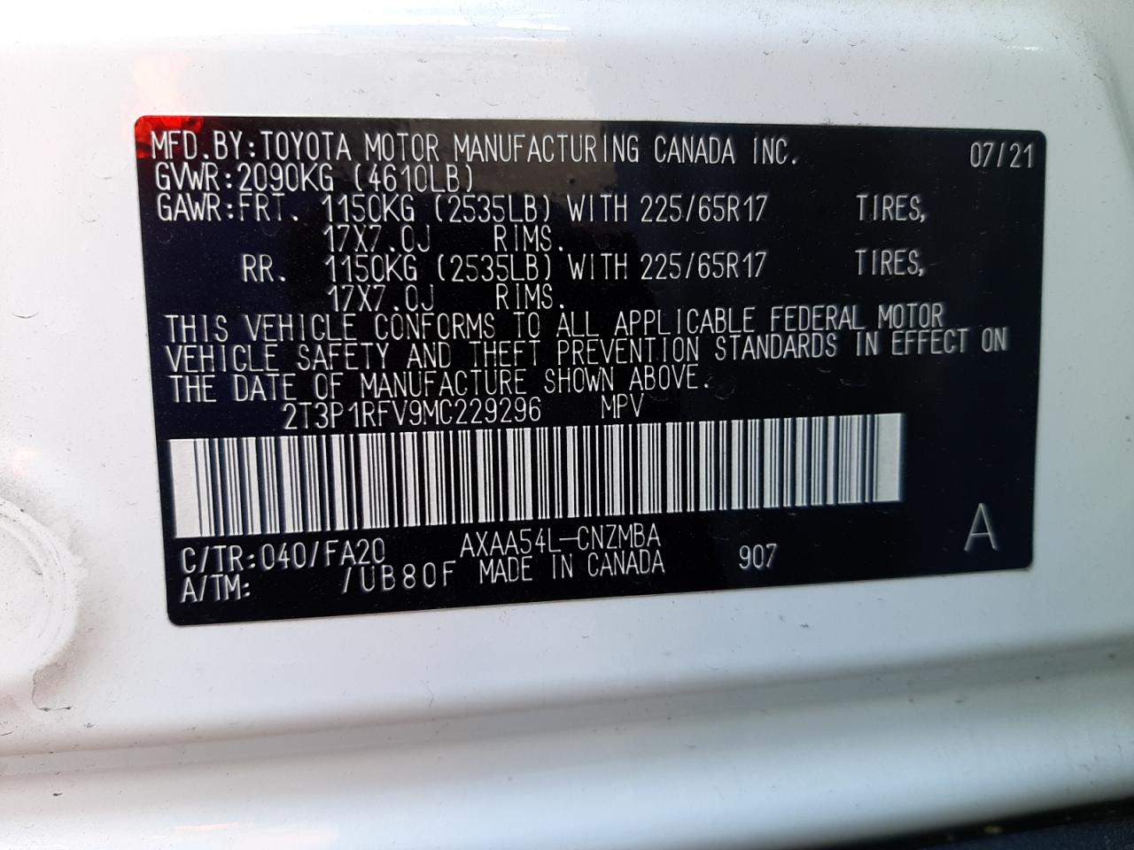 Photo 10 from auction – 2021 TOYOTA RAV4 XLE with VIN 2T3P1RFV9MC229296