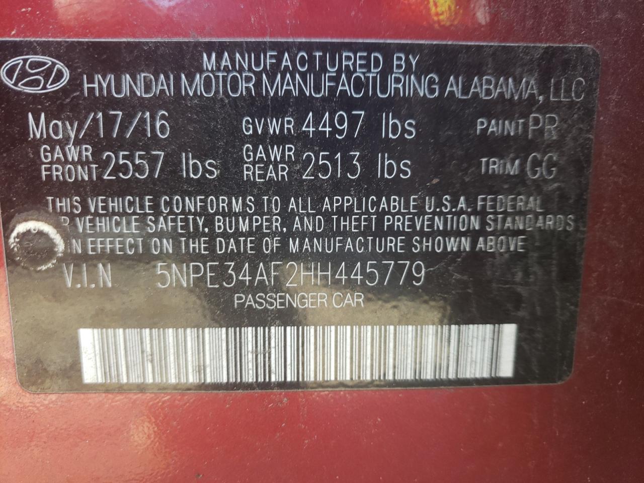 Photo 10 from auction – 2017 HYUNDAI SONATA SPO with VIN 5NPE34AF2HH445779
