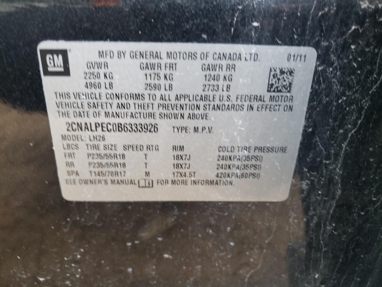 Photo 10 from auction – 2011 CHEVROLET EQUINOX LT with VIN 2CNALPEC0B6333926