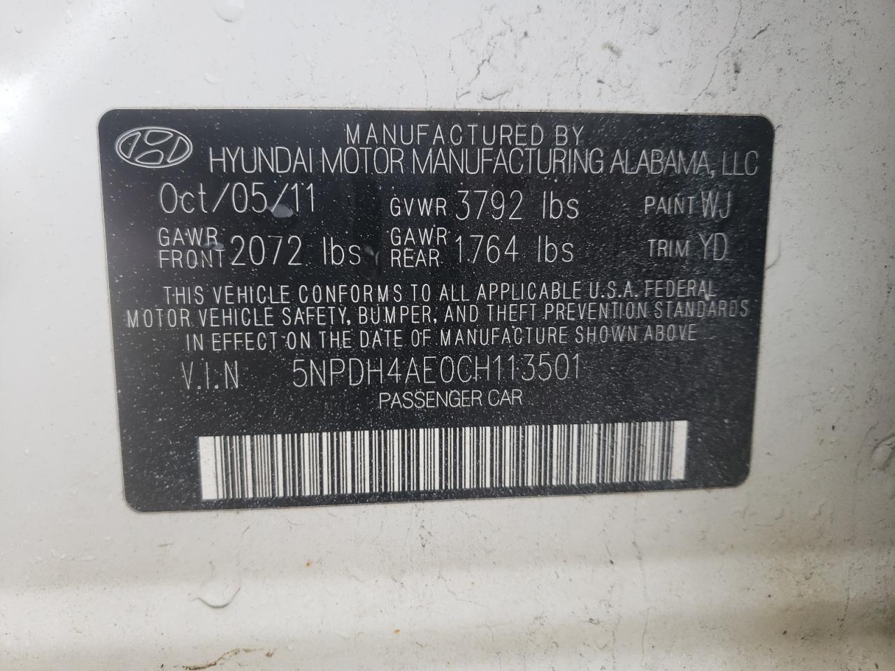Photo 10 from auction – 2012 HYUNDAI ELANTRA GL with VIN 5NPDH4AE0CH113501