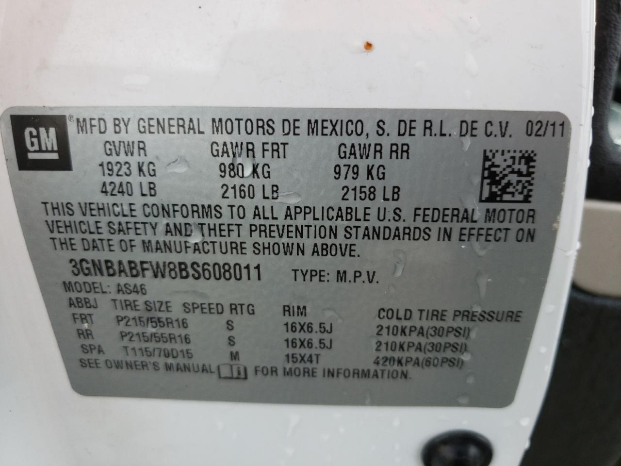 Photo 10 from auction – 2011 CHEVROLET HHR LT with VIN 3GNBABFW8BS608011