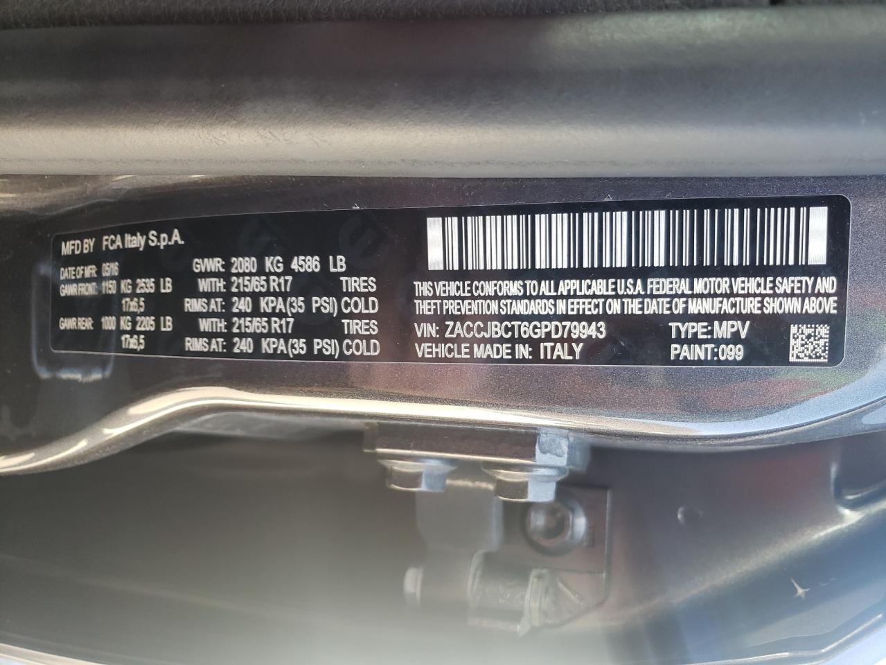 Photo 10 from auction – 2016 JEEP RENEGADE T with VIN ZACCJBCT6GPD79943