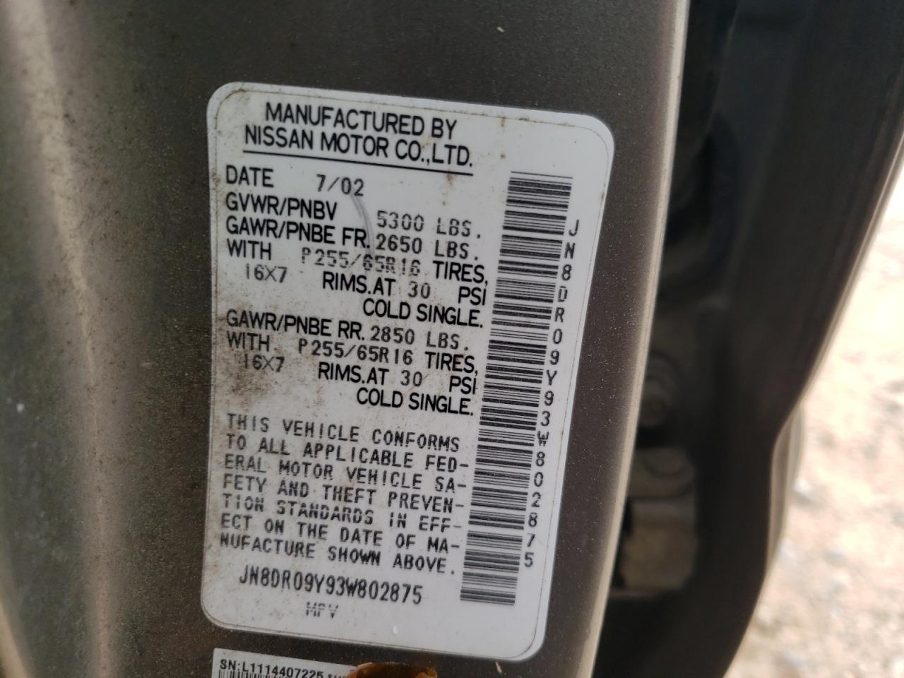 Photo 10 from auction – 2003 NISSAN PATHFINDER with VIN JN8DR09Y93W802875