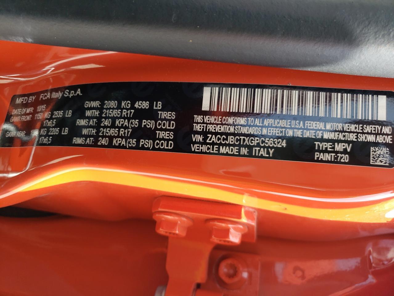 Photo 10 from auction – 2016 JEEP RENEGADE T with VIN ZACCJBCTXGPC56324