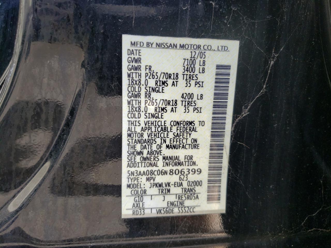Photo 10 from auction – 2006 INFINITI QX56 with VIN 5N3AA08C06N806399