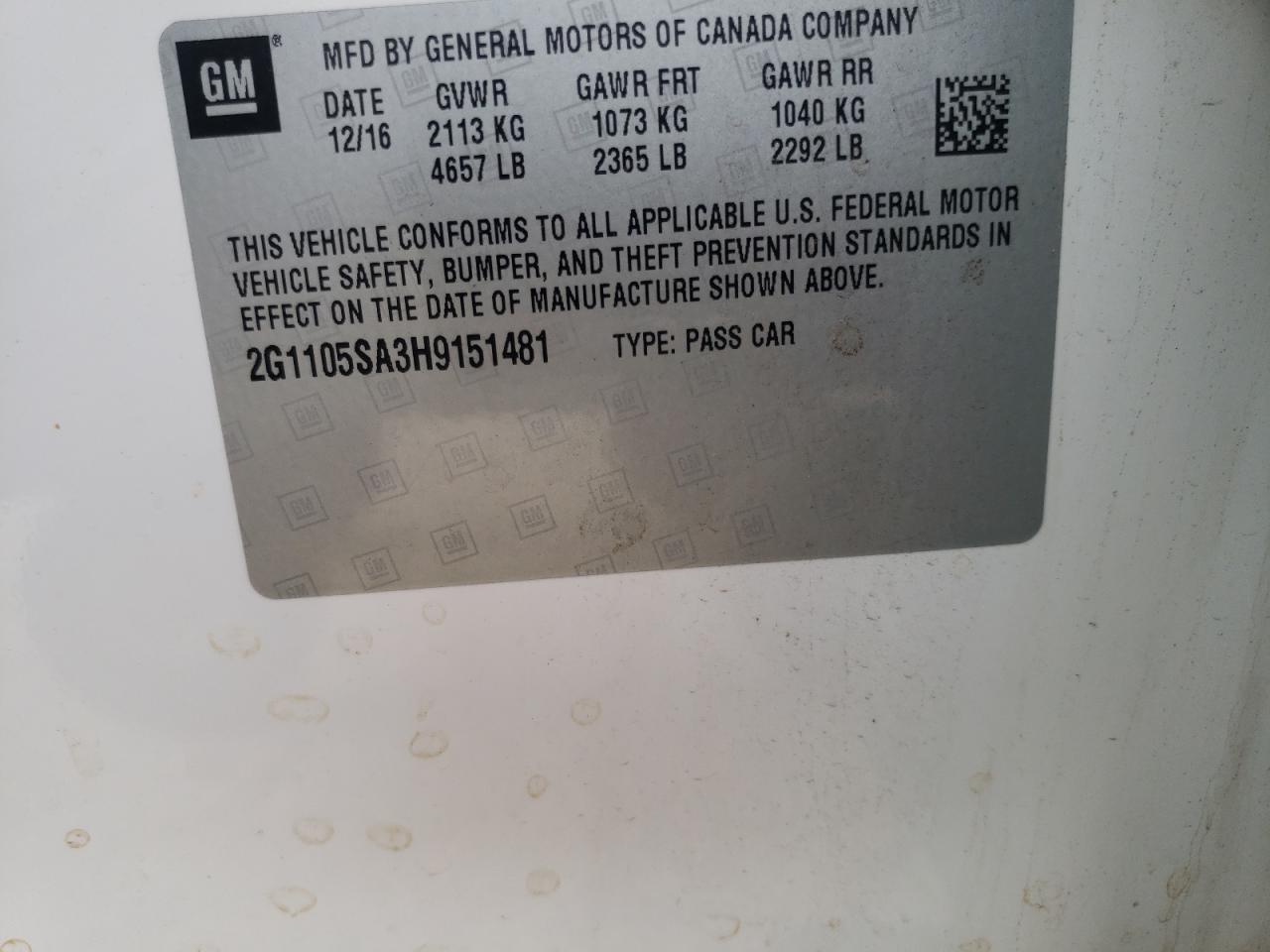 Photo 10 from auction – 2017 CHEVROLET IMPALA LT with VIN 2G1105SA3H9151481