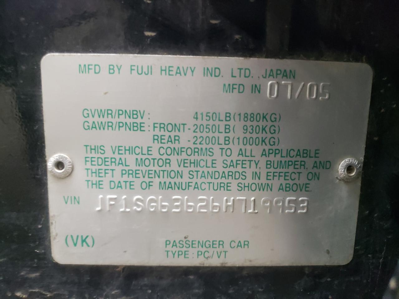 Photo 10 from auction – 2006 SUBARU FORESTER 2 with VIN JF1SG63626H719953